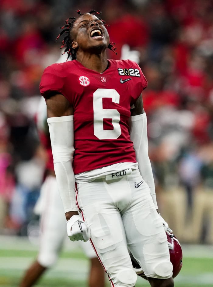 Alabama cornerback Khyree Jackson celebrates a turnover against Georgia in the 2022 national championship.